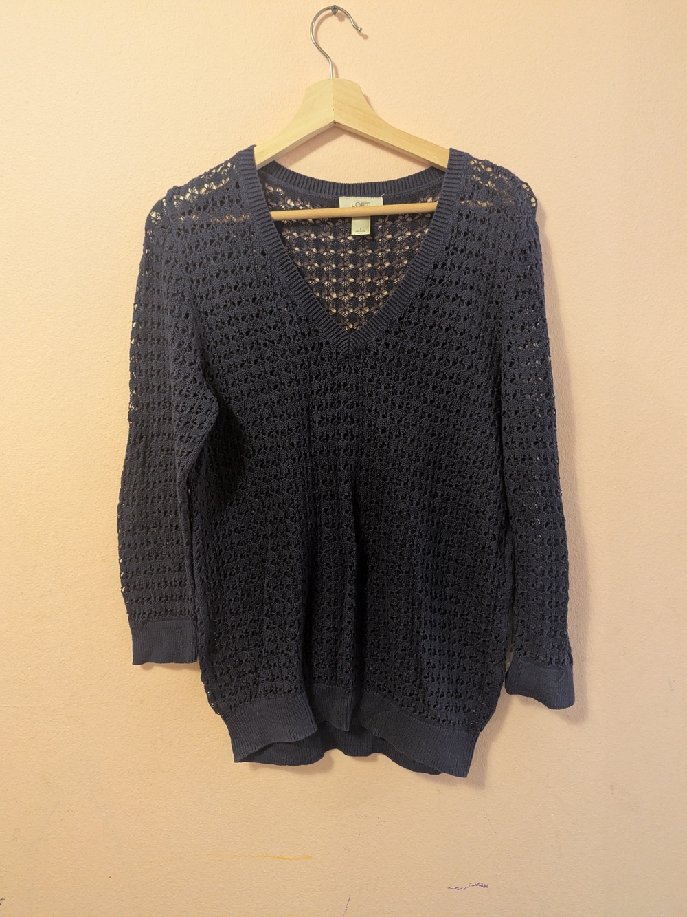 LOFT Navy Open-Knit V-Neck Pullover Sweater